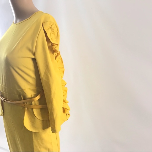 METAMORPHOSIS Girl Women’s Yellow Dress Size S Pleated Sleeve Work Career Belted - Picture 3 of 10